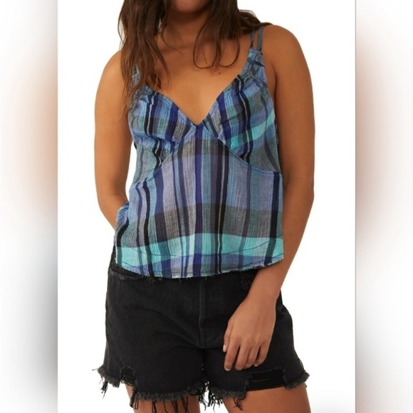 NWT Free People We The Free Plaid Cotton Crop Top in Navy Combo, size L - Picture 3 of 10